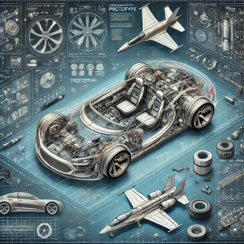 A schematic-style illustration of prototyping in aerospace and automotive industries